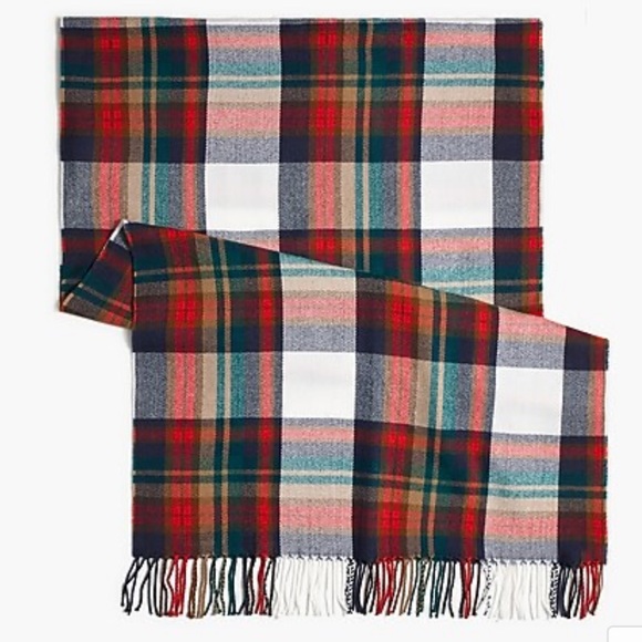 J Crew Large White Juniper Plaid Fringe Scarf Wrap - Picture 3 of 5